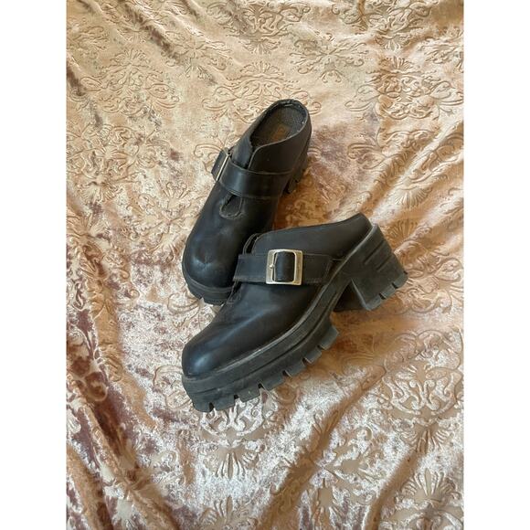 Y2k Harley Davidson chunky black leather‎ mule heels size 8.5 - Picture 1 of 8